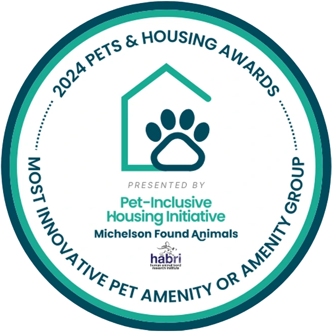 2024 Pets & Housing Awards.  Most Innovative Pet Amenity or Amenity Group.  Presented by Pet-Inclusive Housing Initiative - Michaelson Found Animals